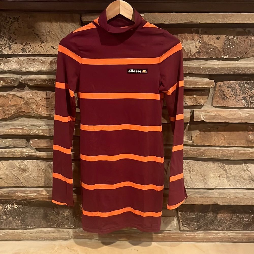 Ellesse Gianni Jersey Dress Turtleneck Zinfandel and Burnt Orange Stripes